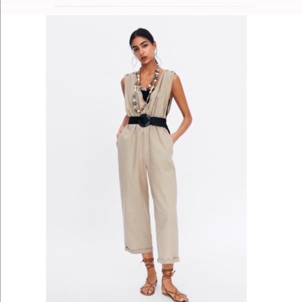 Zara jumpsuit tan linen romper one piece oversized